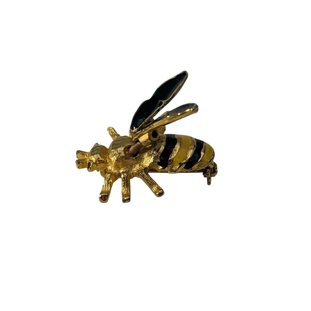 Vintage Gold Tone Black Yellow Enamel Trembler Wings Bumble Bee Brooch Pin